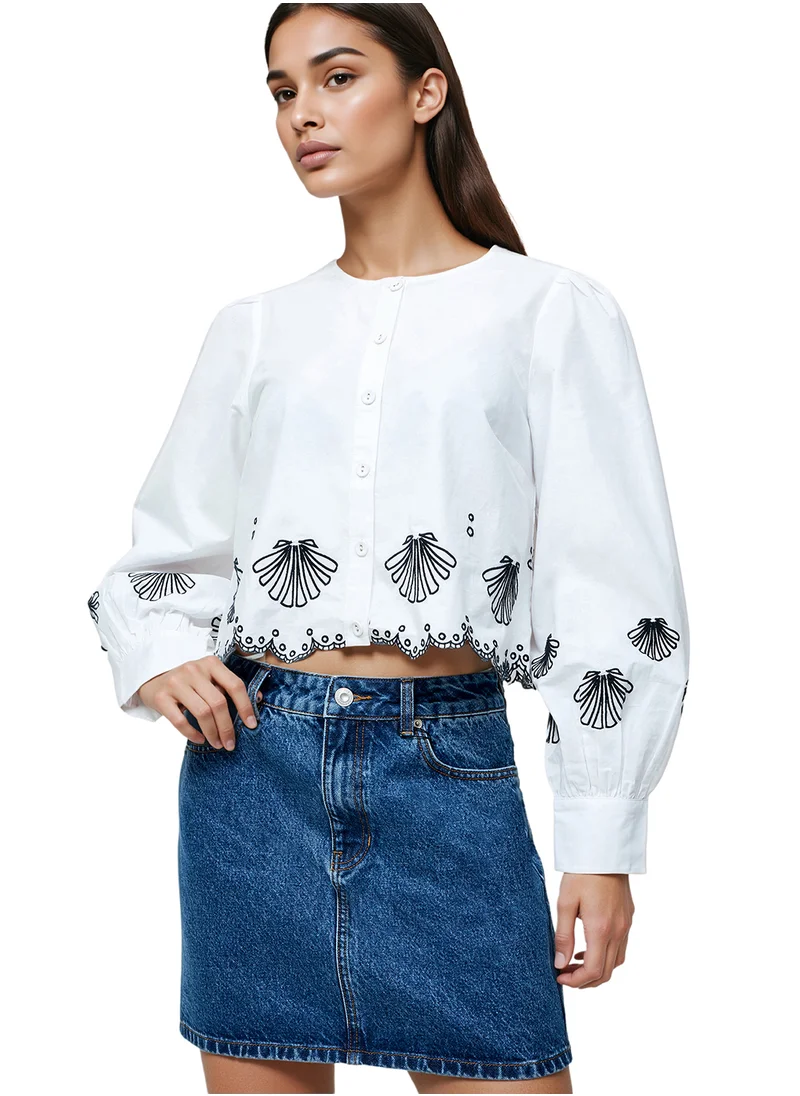 فرنش كونكشن Embroidered Regular Cotton High Neck Shirt