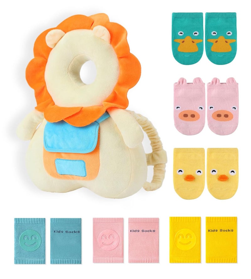 JunNeng Baby Head Protector Backpack with Squeaker, Knee Pads, Anti-Slip Socks, Yellow Lion Sets - Image 1