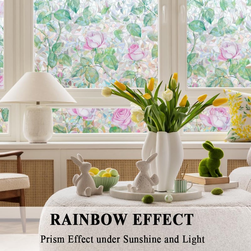 Mikomer No Glue Window Film Pink Rose Rainbow Clings 3D Stained Glass Door Tint Covering Reusble Static Cling Decal for Home and Office,17.5 inches by 78.7 inches - Image 4