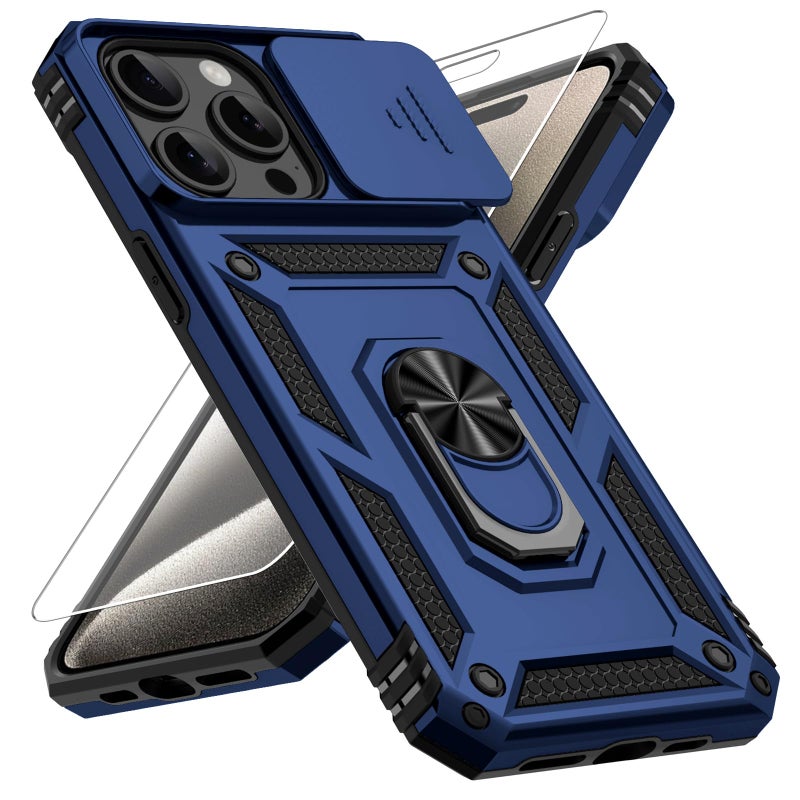 Vinve for iPhone 15 Pro Case, Slide Lens Cover, HD Screen Protector, Military Grade Drop Protection, Magnetic Rotated Ring Holder Kickstand Protective Phone Case (Navy Blue) - Image 1