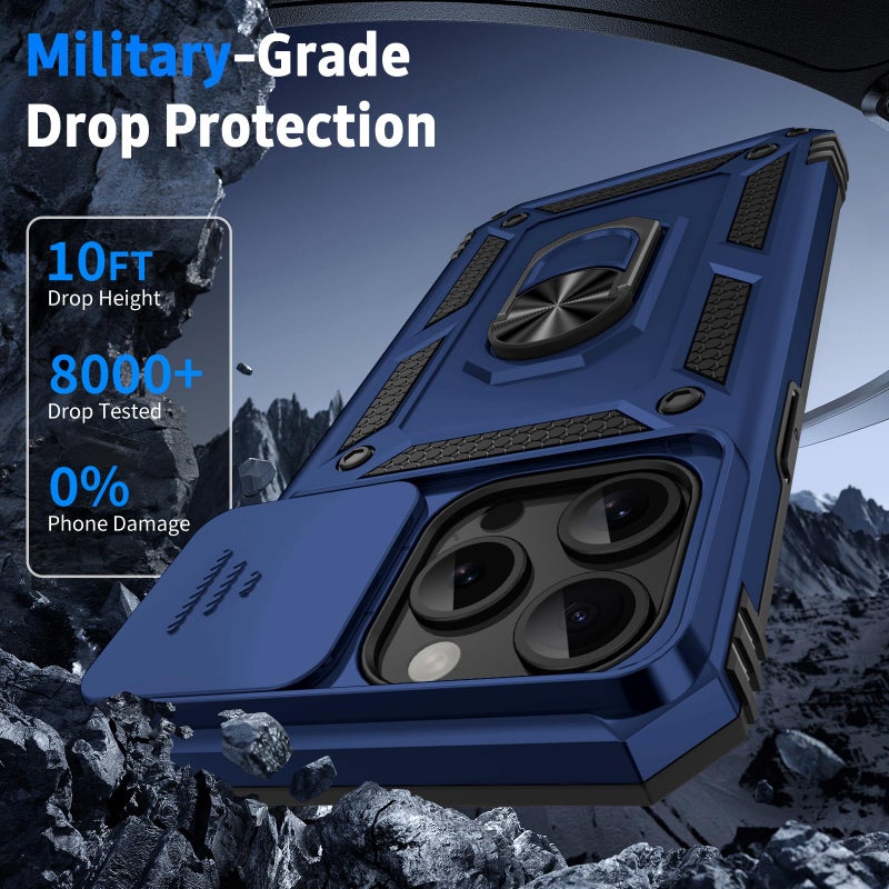 Vinve for iPhone 15 Pro Case, Slide Lens Cover, HD Screen Protector, Military Grade Drop Protection, Magnetic Rotated Ring Holder Kickstand Protective Phone Case (Navy Blue) - Image 5
