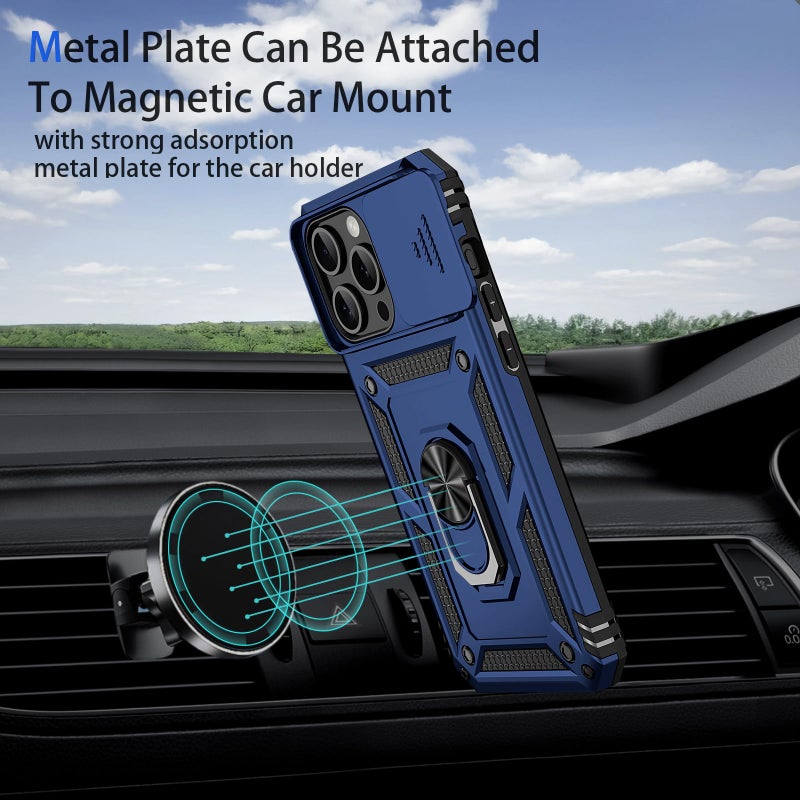 Vinve for iPhone 15 Pro Case, Slide Lens Cover, HD Screen Protector, Military Grade Drop Protection, Magnetic Rotated Ring Holder Kickstand Protective Phone Case (Navy Blue) - Image 3