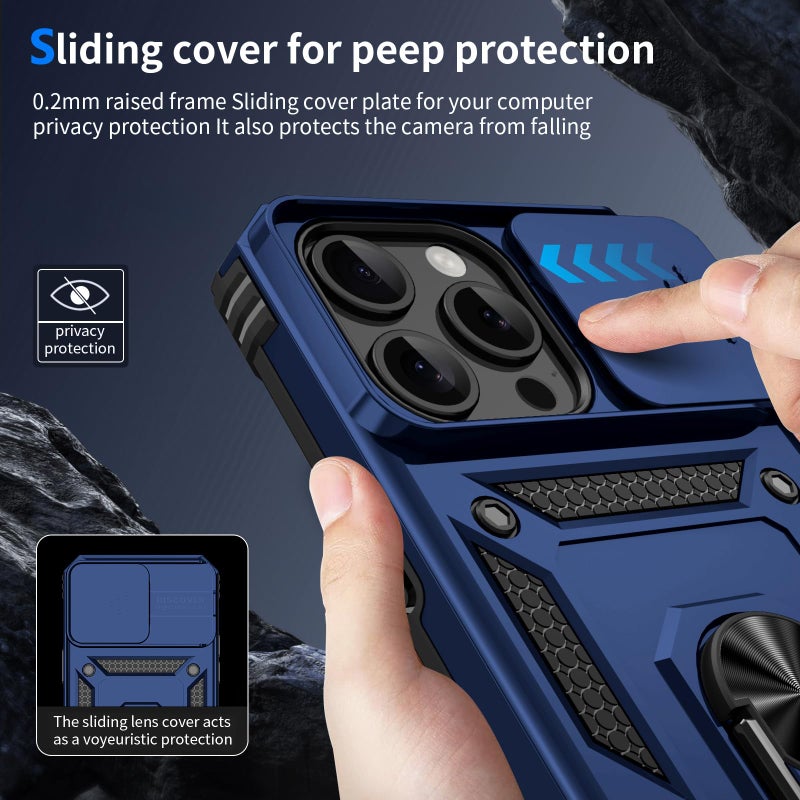 Vinve for iPhone 15 Pro Case, Slide Lens Cover, HD Screen Protector, Military Grade Drop Protection, Magnetic Rotated Ring Holder Kickstand Protective Phone Case (Navy Blue) - Image 2