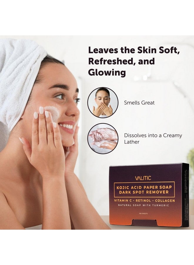 VALITIC Kojic Acid Dark Spot Corrector Paper Soap - Travel Size - 100 Portable and Dissolvable Soap Sheets -with Vitamin C, Retinol, Collagen and Turmeric - 2 Pack - Image 4