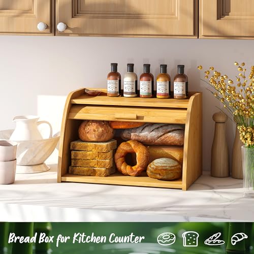 Vriccc Bread Box for Kitchen Countertop Large Bamboo Wood Bread Box Wooden Corner Bread Storage Capacity - Image 3
