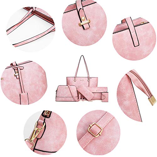 AlwaySky Handbag Set for Women 5 Pack Tote Purse Handbags Set PU Leather Satchel Shoulder Crossbody Wallet Card Holder Bag Set, Pink - Image 4