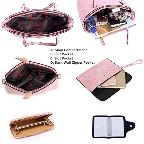 AlwaySky Handbag Set for Women 5 Pack Tote Purse Handbags Set PU Leather Satchel Shoulder Crossbody Wallet Card Holder Bag Set, Pink - Image 5