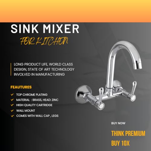 10X ARW-9897 Brass Kitchen Sink Mixer Tap with 360° Swivel Spout | Chrome Finish | Heavy Duty Cartridge | Hot & Cold Water Faucet | Dual Lever Design - Image 2