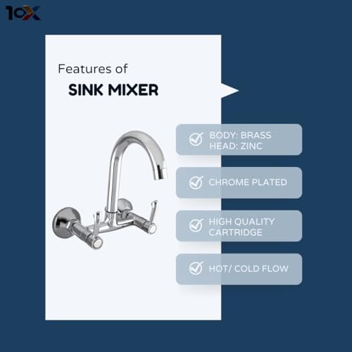 10X ARW-9897 Brass Kitchen Sink Mixer Tap with 360° Swivel Spout | Chrome Finish | Heavy Duty Cartridge | Hot & Cold Water Faucet | Dual Lever Design - Image 3