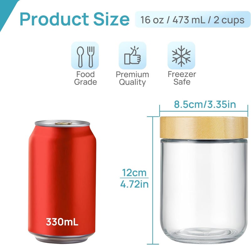 Transparent 6 Pack 16 oz Glass Overnight Oatmeal Cup with Bamboo Lid Portable Wide Mouth Sealed Reusable Glass Storage Jar - Image 3