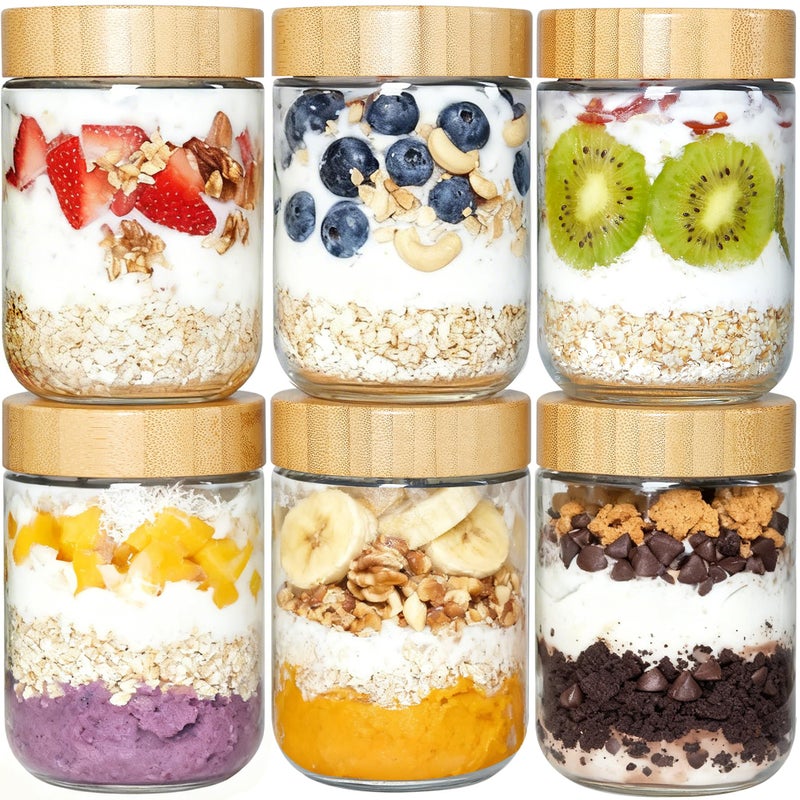 Transparent 6 Pack 16 oz Glass Overnight Oatmeal Cup with Bamboo Lid Portable Wide Mouth Sealed Reusable Glass Storage Jar - Image 1
