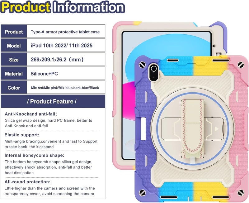 OSALO Case for iPad 11th 11 Inch 2025 & iPad 10th 10.9 Inch 2022 Case with Pencil Holder, 360 Rotating Hand Strap and Stand Heavy Duty Shockproof Tablet Protective Cover, Colorful Pink - Image 5