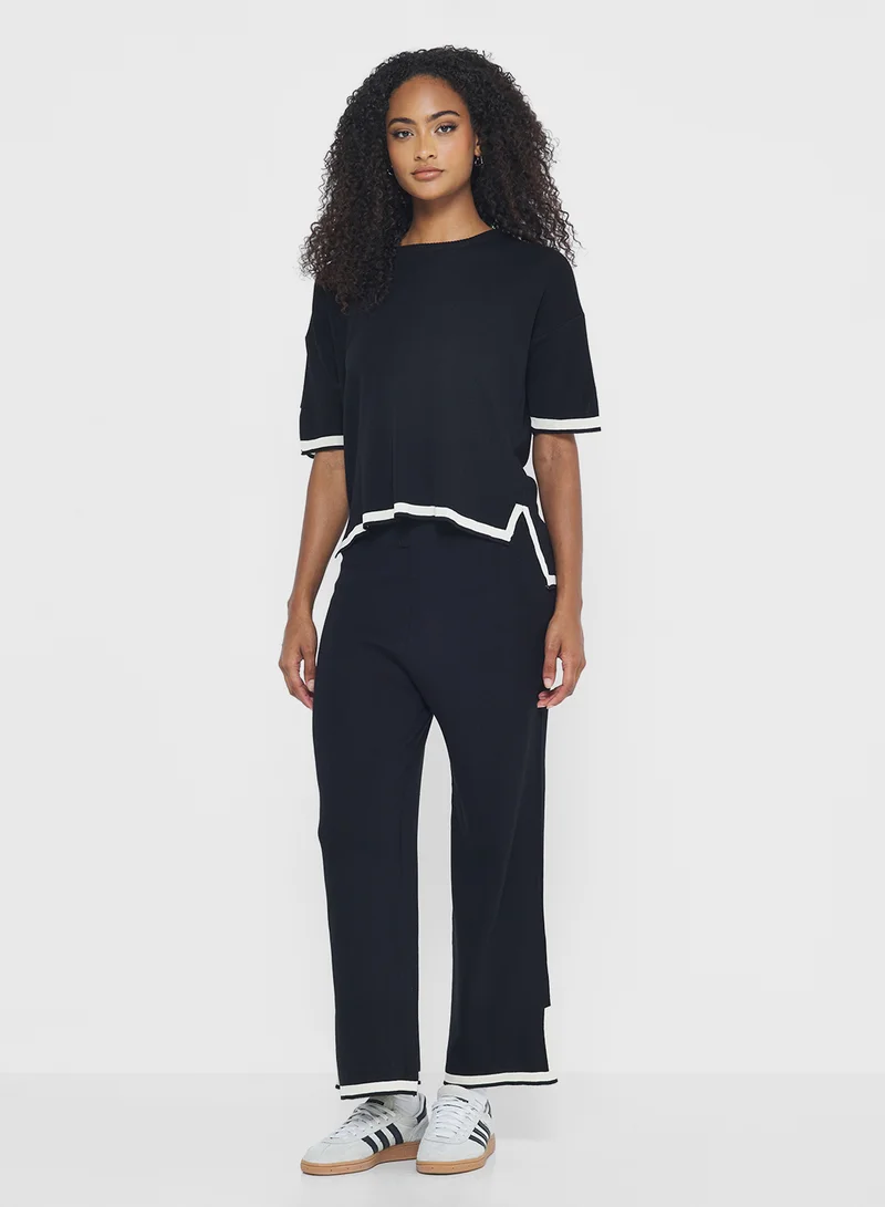 جينجر Contrast Trim Detail Loose Knitted Top & Pant Set