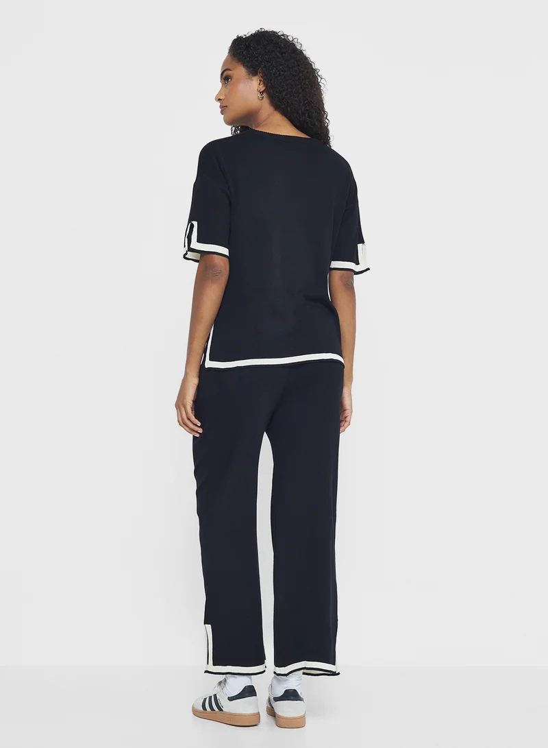 جينجر Contrast Trim Detail Loose Knitted Top & Pant Set