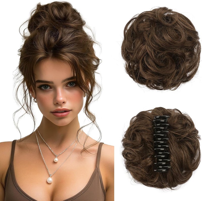 SOFEIYAN Claw Clip Messy Bun 100% Human Hair Buns Curly Hairpieces with Clip Real Hair Chignon Tousled Updo Scrunchie Hairpiece with Clips Hair Accessories for Women-Chocolate Brown - Image 1