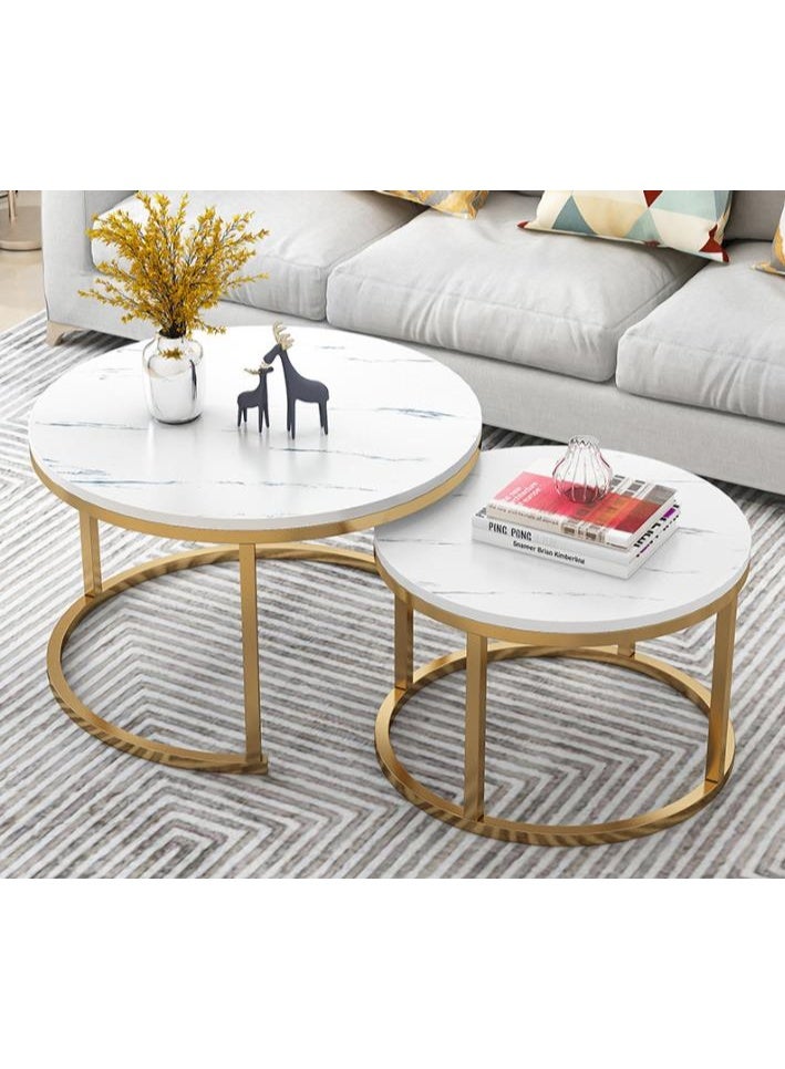 Round Coffee Tables for Living Room Furniture Marble Nesting Coffee Table Set of 2 Stacking Side Tea Table for Small Spaces Balcony Office, Stable Metal Frame,Easy Assembly(CJ022-White) - Image 1