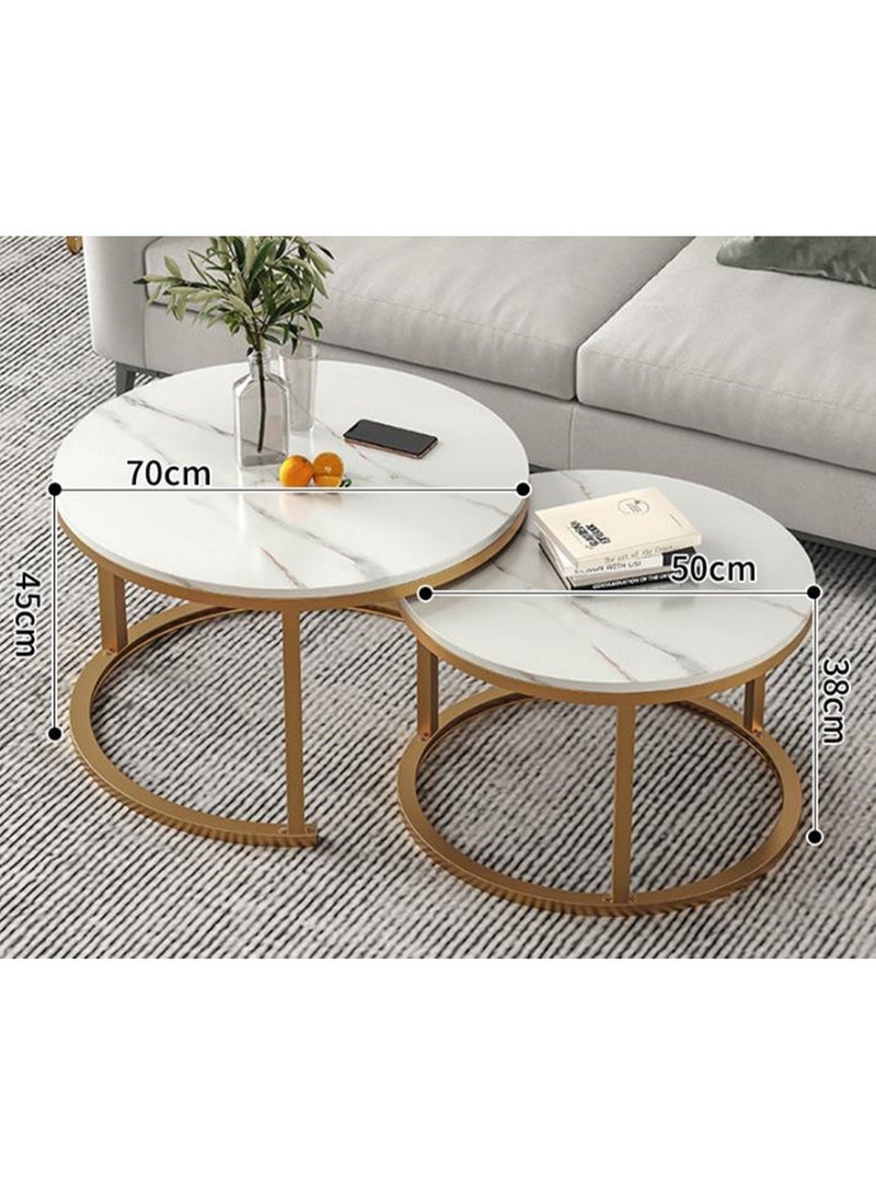 Round Coffee Tables for Living Room Furniture Marble Nesting Coffee Table Set of 2 Stacking Side Tea Table for Small Spaces Balcony Office, Stable Metal Frame,Easy Assembly(CJ022-White) - Image 2