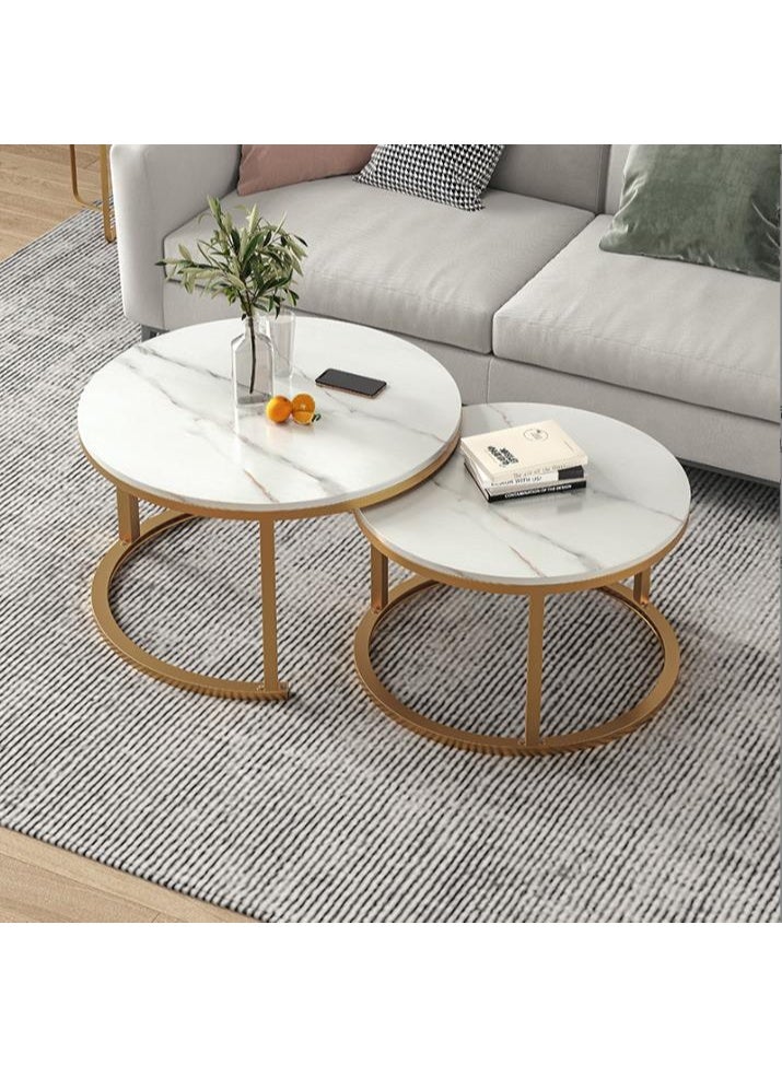 Round Coffee Tables for Living Room Furniture Marble Nesting Coffee Table Set of 2 Stacking Side Tea Table for Small Spaces Balcony Office, Stable Metal Frame,Easy Assembly(CJ022-White) - Image 3