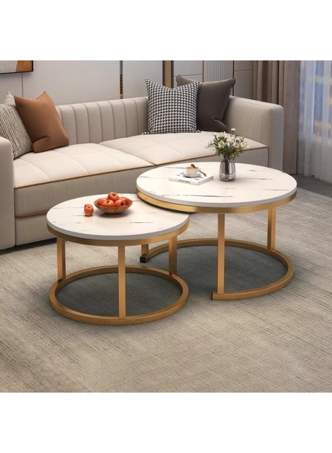 Round Coffee Tables for Living Room Furniture Marble Nesting Coffee Table Set of 2 Stacking Side Tea Table for Small Spaces Balcony Office, Stable Metal Frame,Easy Assembly(CJ022-White) - Image 4