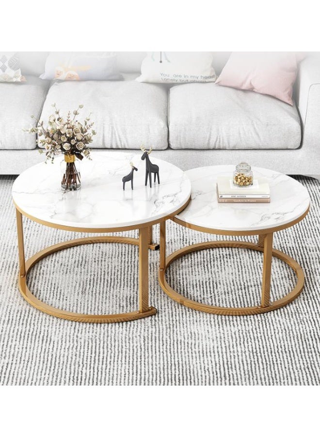 Round Coffee Tables for Living Room Furniture Marble Nesting Coffee Table Set of 2 Stacking Side Tea Table for Small Spaces Balcony Office, Stable Metal Frame,Easy Assembly(CJ022-White) - Image 5