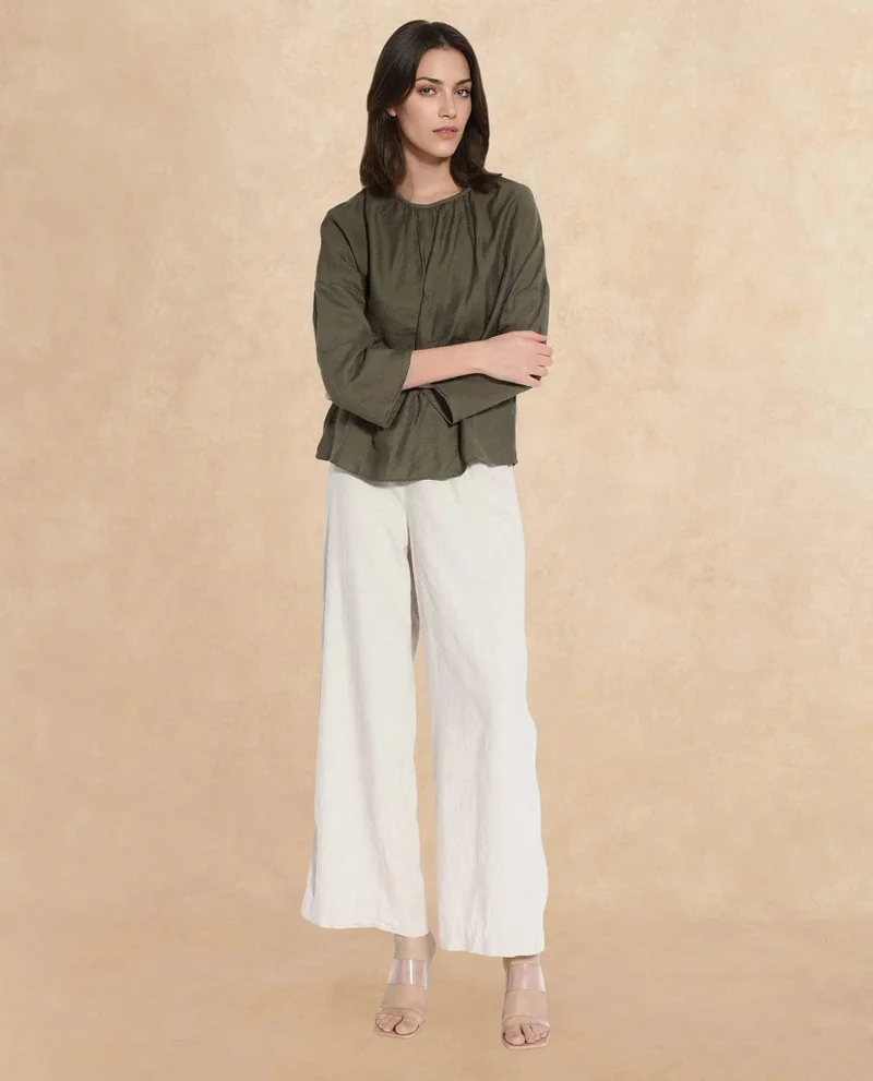 Rareism Women's Round Neck Gathered Top