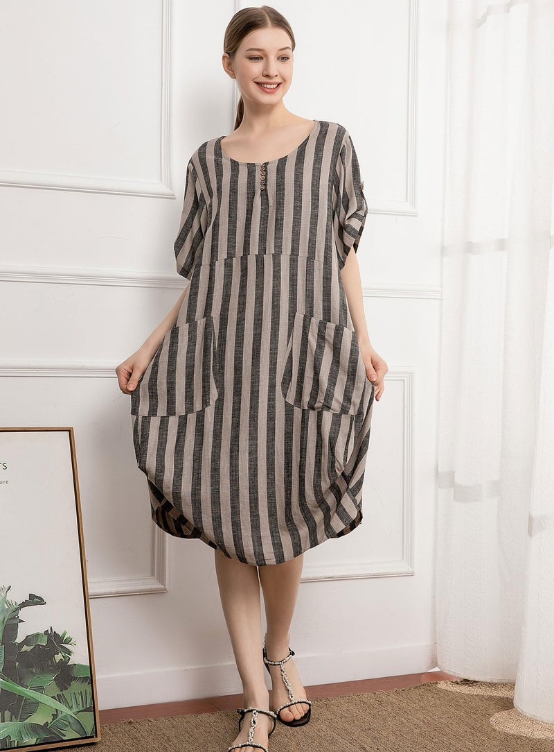 Minibee Women's Ruffle Oversize Casual Midi Dresses with Pockets Style 2 Black Stripe XXL - Image 1