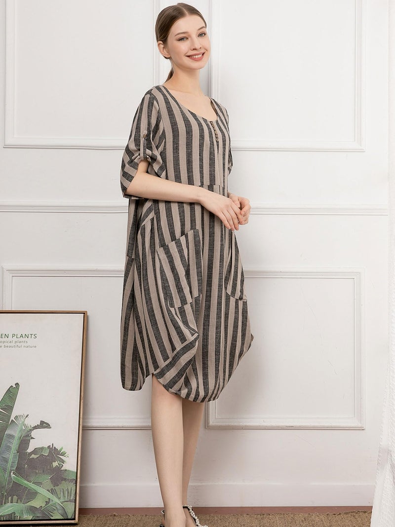 Minibee Women's Ruffle Oversize Casual Midi Dresses with Pockets Style 2 Black Stripe XXL - Image 2