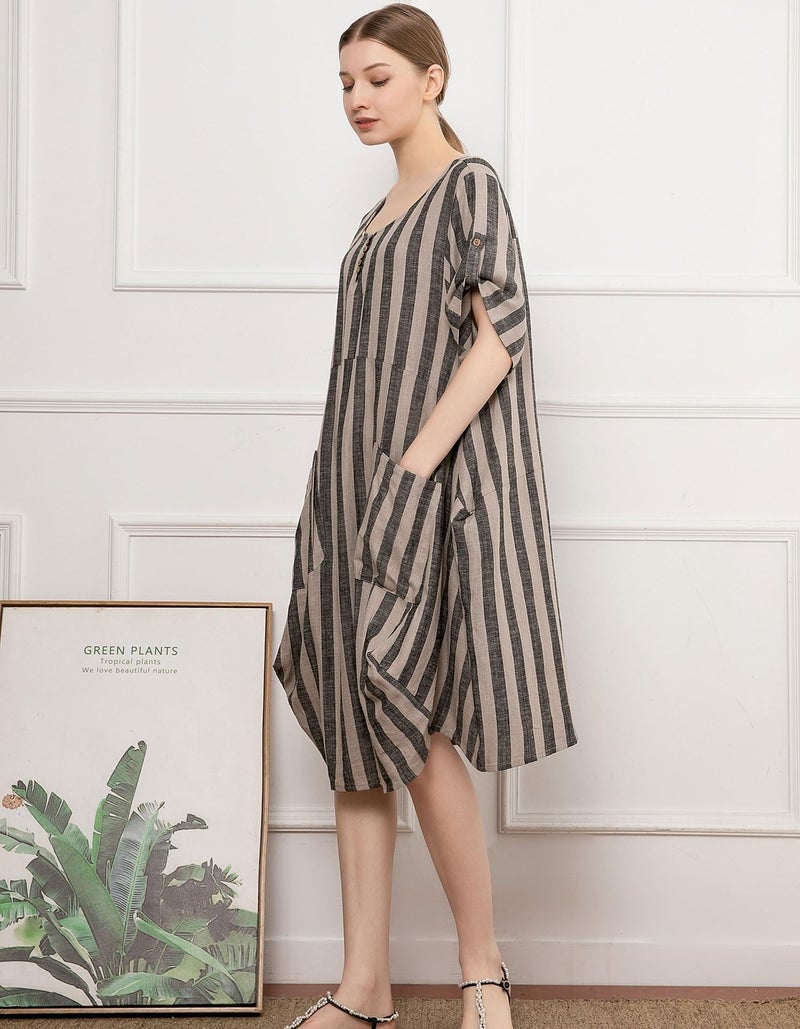 Minibee Women's Ruffle Oversize Casual Midi Dresses with Pockets Style 2 Black Stripe XXL - Image 3