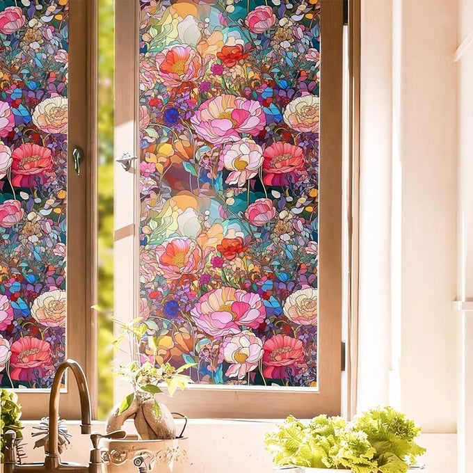 COLORFUL PINK RED STAINED GLASS FLOWERS BLUE PURPLE WILDFLOWERS WINDOW FILMS DOUBLESIDE DECORATIVE PRIVACY FILM SELFADHESIVE STATIC WINDOW CLINGS STICKERS FOR LIVING ROOM BATHROOM