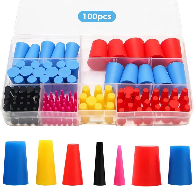100-Piece Silicone Tapered Plugs, Multi-Color Rubber Caps for Protection, 8 Size Set with Organizer Box for Crafts & Tools - Image 1