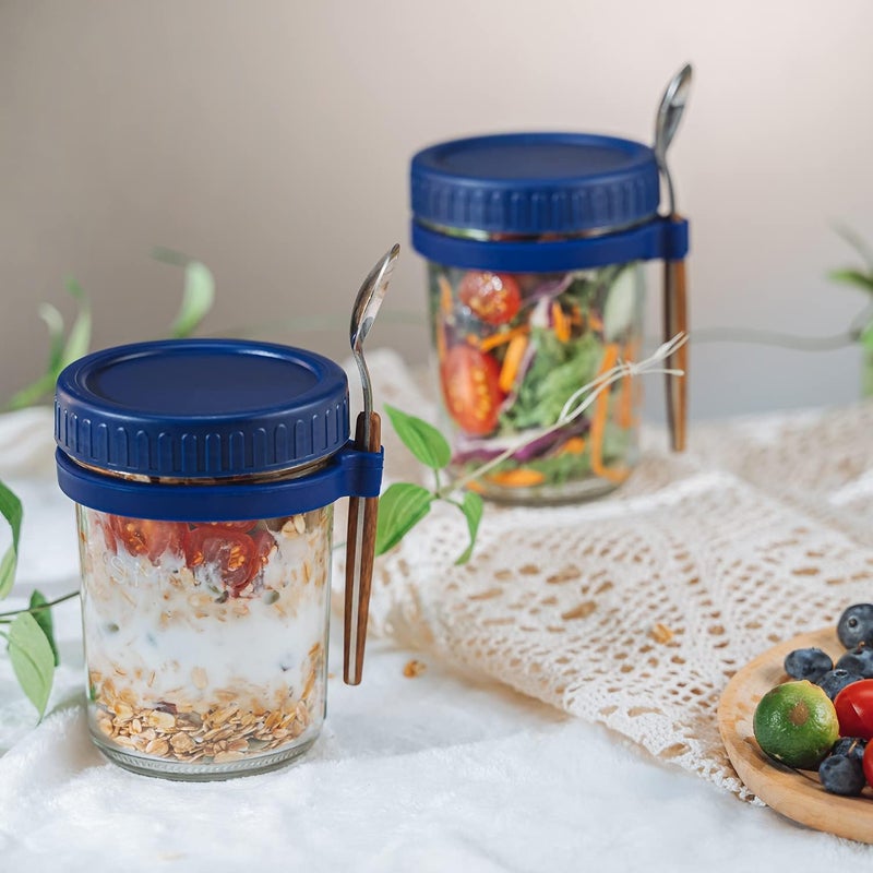 WHISKET 300 ml Overnight Oats Containers with Lids and Spoons, Glass Mason Overnight Oats Jars, Large Capacity Airtight Jars for Milk, Cereal, Fruit [Pack Of 2] (Blue) - Image 2