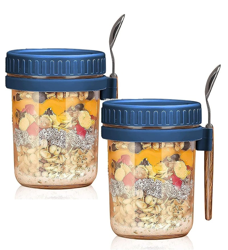 WHISKET 300 ml Overnight Oats Containers with Lids and Spoons, Glass Mason Overnight Oats Jars, Large Capacity Airtight Jars for Milk, Cereal, Fruit [Pack Of 2] (Blue) - Image 1