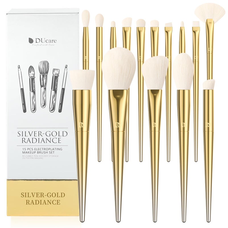 DUcare Makeup Brushes 15Pcs Makeup Brush Set with Holder Premium Synthetic Powder Foundation Contour Blush Concealer Eye Shadow Blending Liner Make Up Brush Kit gold-silver - Image 1