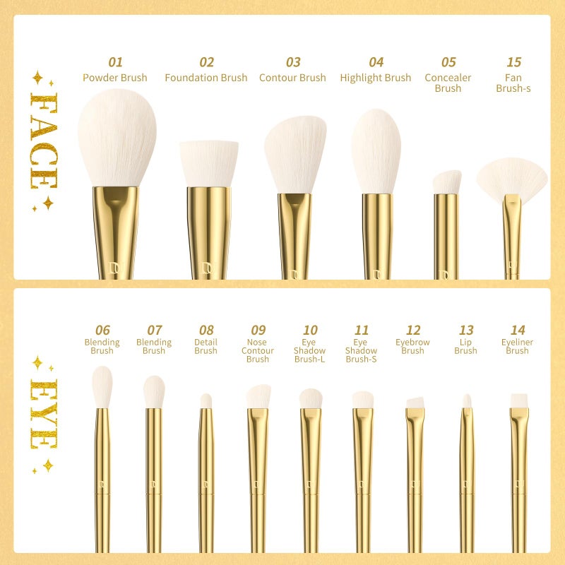 DUcare Makeup Brushes 15Pcs Makeup Brush Set with Holder Premium Synthetic Powder Foundation Contour Blush Concealer Eye Shadow Blending Liner Make Up Brush Kit gold-silver - Image 5