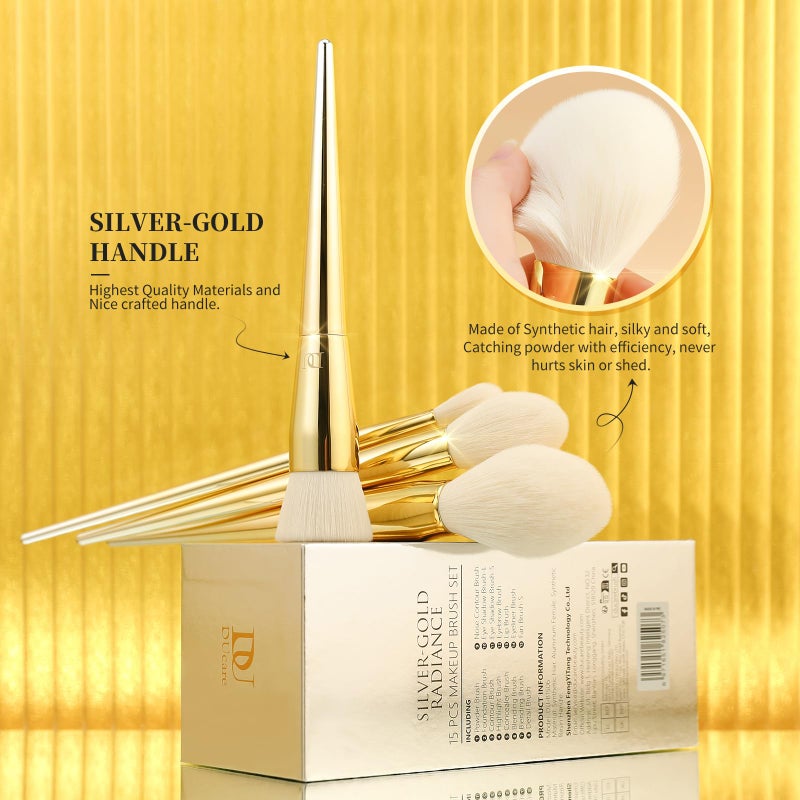 DUcare Makeup Brushes 15Pcs Makeup Brush Set with Holder Premium Synthetic Powder Foundation Contour Blush Concealer Eye Shadow Blending Liner Make Up Brush Kit gold-silver - Image 4