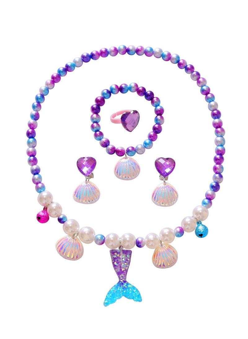NOVOLAN 5Pcs Jewelry Sets Kids Necklace Mermaid Tail Necklace Earrings Bracelet Girls Pearl Necklace Pendant Necklace Ring Set Girls Baby Accessories Mermaid Pearl Theme 3 Colors (purple) - Image 1