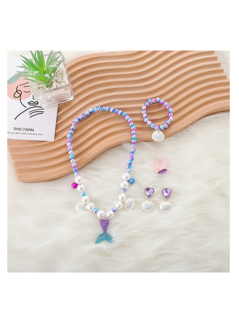NOVOLAN 5Pcs Jewelry Sets Kids Necklace Mermaid Tail Necklace Earrings Bracelet Girls Pearl Necklace Pendant Necklace Ring Set Girls Baby Accessories Mermaid Pearl Theme 3 Colors (purple) - Image 2