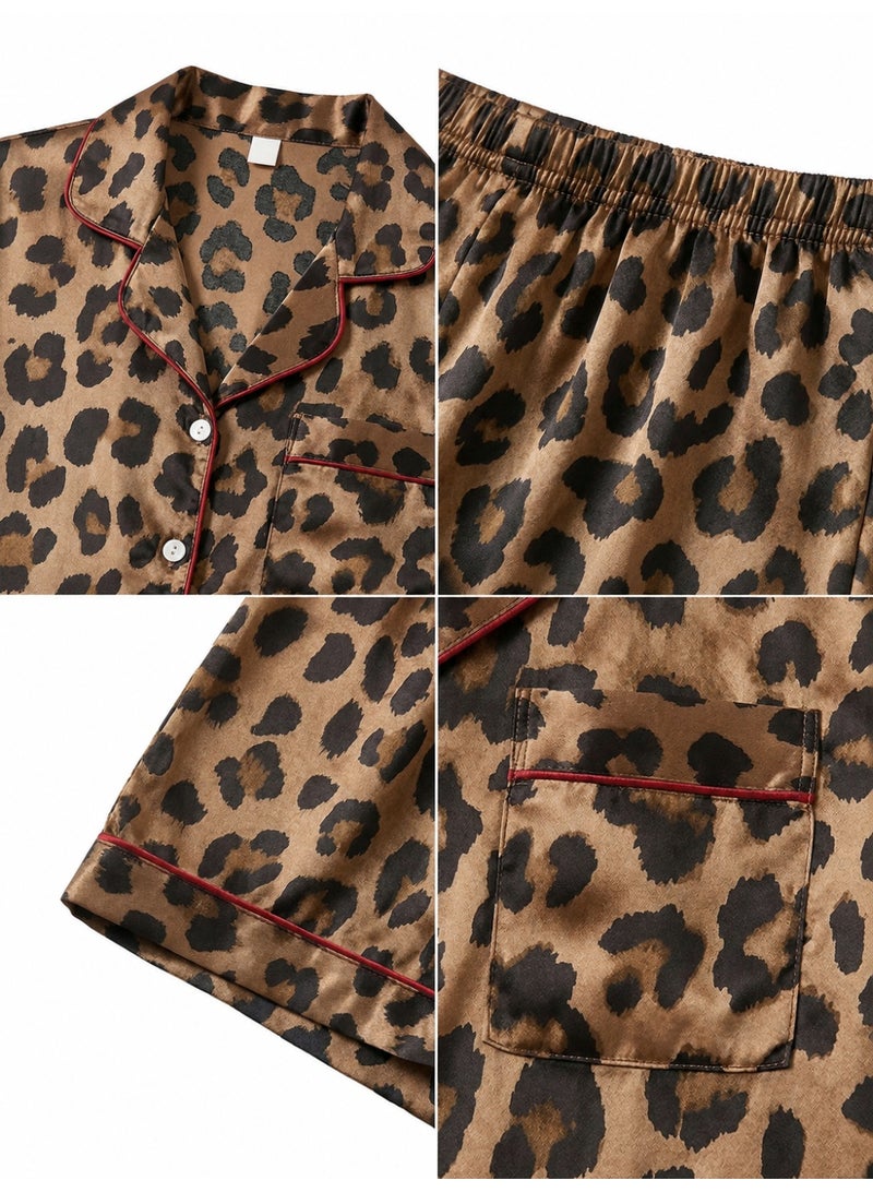Women's Satin-Like Leopard Print Pajama Set with Short Sleeve Button Shirt & Shorts - Image 5