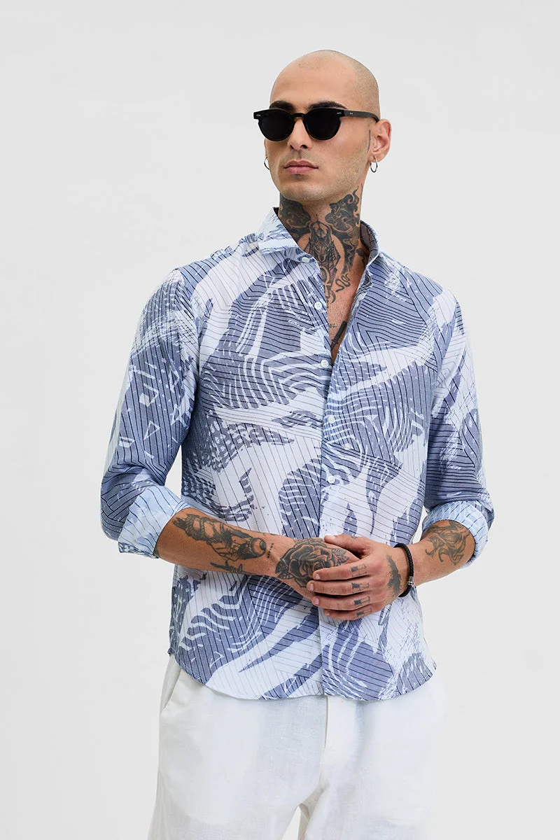 سنيتش Dark Blue Abstract Long Sleeve Slim Fit Casual Shirt