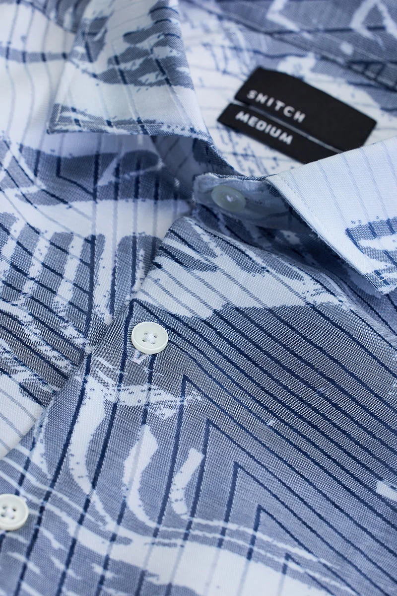 سنيتش Dark Blue Abstract Long Sleeve Slim Fit Casual Shirt