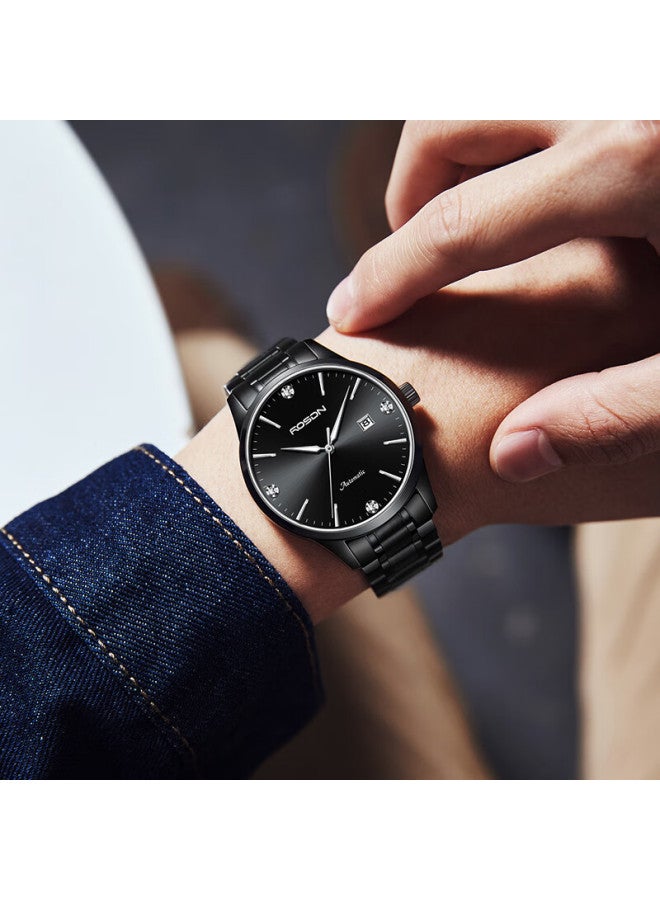 Rosdn Simple Cool Black Fully Aut Atic Mechanical Men's Watch With Luminous Date Display, Water-resistant, Top Ten Brands, Birthday Gift For Husband - Image 5