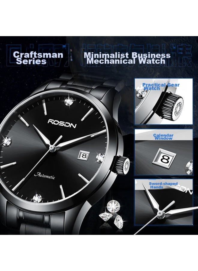 Rosdn Simple Cool Black Fully Aut Atic Mechanical Men's Watch With Luminous Date Display, Water-resistant, Top Ten Brands, Birthday Gift For Husband - Image 2