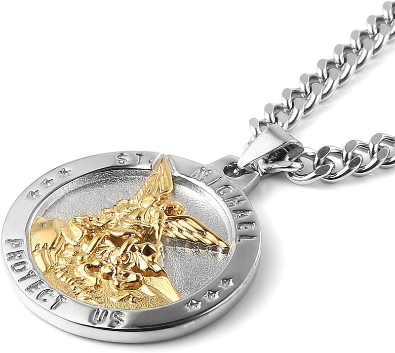 HZMAN St Michael The Archangel Catholic Medal Stainless Steel Amulet Pendant Necklace - Image 2