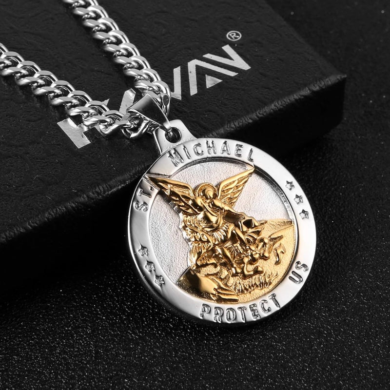 HZMAN St Michael The Archangel Catholic Medal Stainless Steel Amulet Pendant Necklace - Image 5
