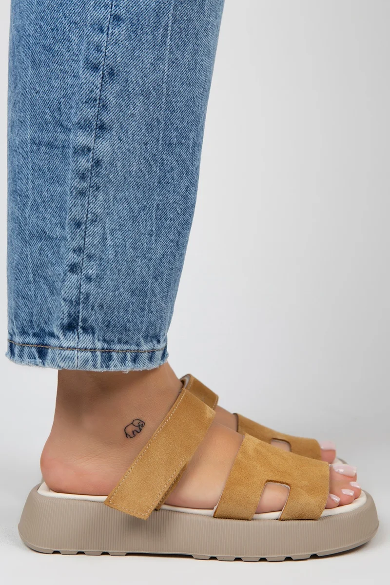 Manijero Manijero Seina Women's Genuine Leather Velcro Slippers Mustard