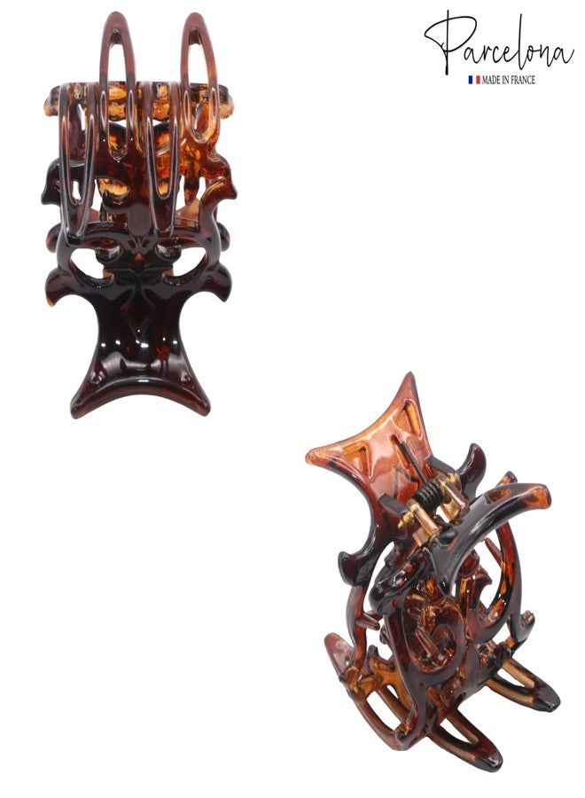 Parcelona French Intricate Four Teeth Tortoise Shell Brown Small 1 1/2" Celluloid Acetate Jaw Hair Claw Clip Non Slip Women Hair Accessories, Made in France - Image 4