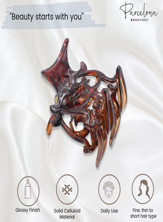 Parcelona French Intricate Four Teeth Tortoise Shell Brown Small 1 1/2" Celluloid Acetate Jaw Hair Claw Clip Non Slip Women Hair Accessories, Made in France - Image 2