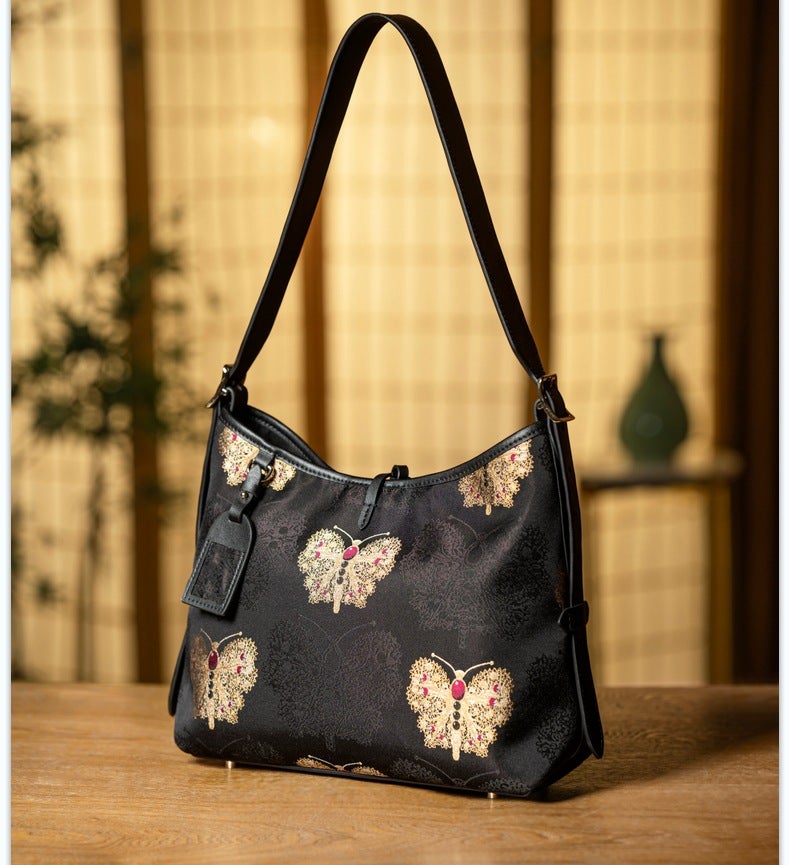 Song Jin Black Gold Butterfly Tote Bag, Fashionable And Versatile Large-Capacity One-Shoulder Cross-Body Dragon Whisker Bag, Trendy Chinese Style Handbag - Image 1