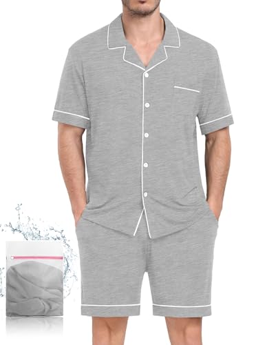 YOPUGEE Mens Pajamas Set Short Sleeve Sleepwear Summer Pjs Button Down Pijamas Set Modal 2PCS Pj Set with Pockets, Light Grey-L - Image 1