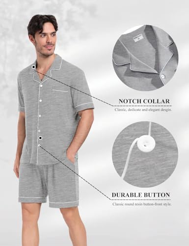 YOPUGEE Mens Pajamas Set Short Sleeve Sleepwear Summer Pjs Button Down Pijamas Set Modal 2PCS Pj Set with Pockets, Light Grey-L - Image 3